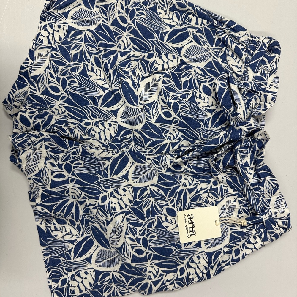 ANA Blue White Floral Print Paperbag Linen Shorts Belt Women Size S New